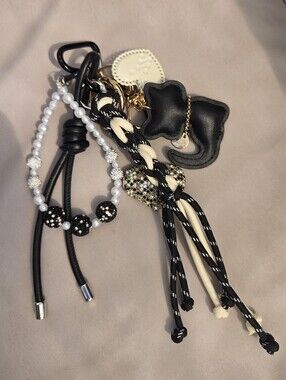 Black and Cream Leather Cat Keychain with Bead Tassels